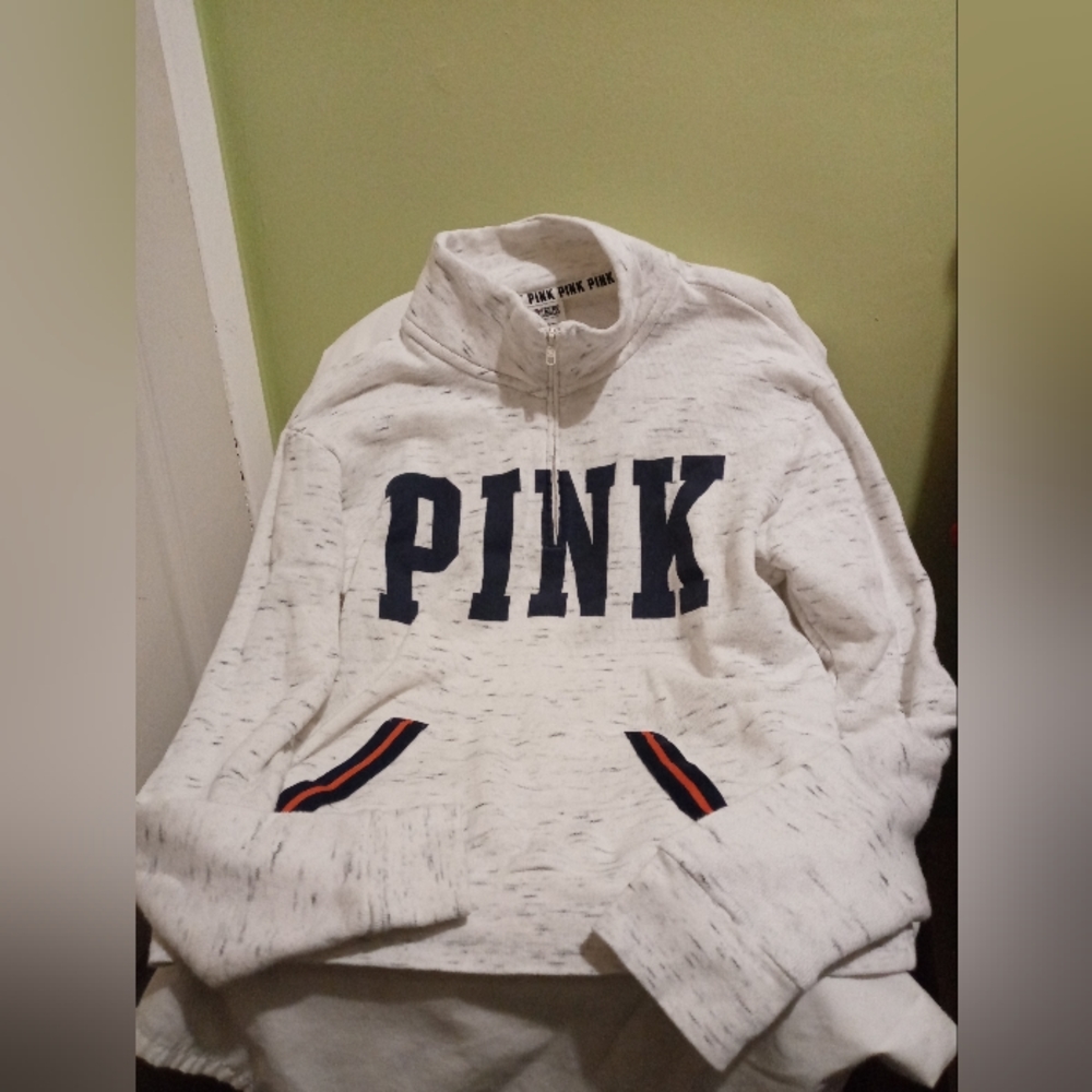 PINK Victoria's Secret Zip Pullover Sweatshirt Cream Heather Navy Logo, Size- M